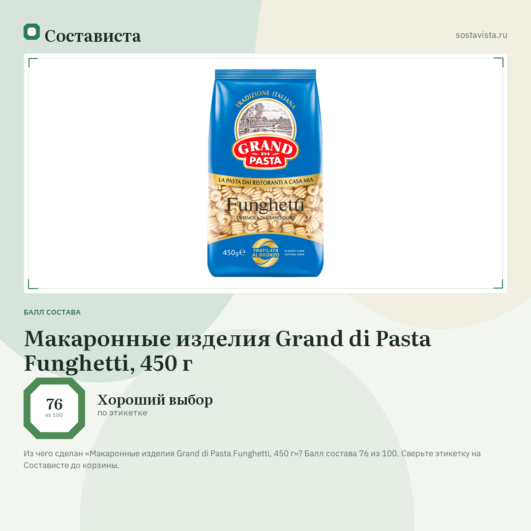 Макаронные изделия Grand di Pasta Funghetti, 450 г: балл состава 76 из 100 — Состависта