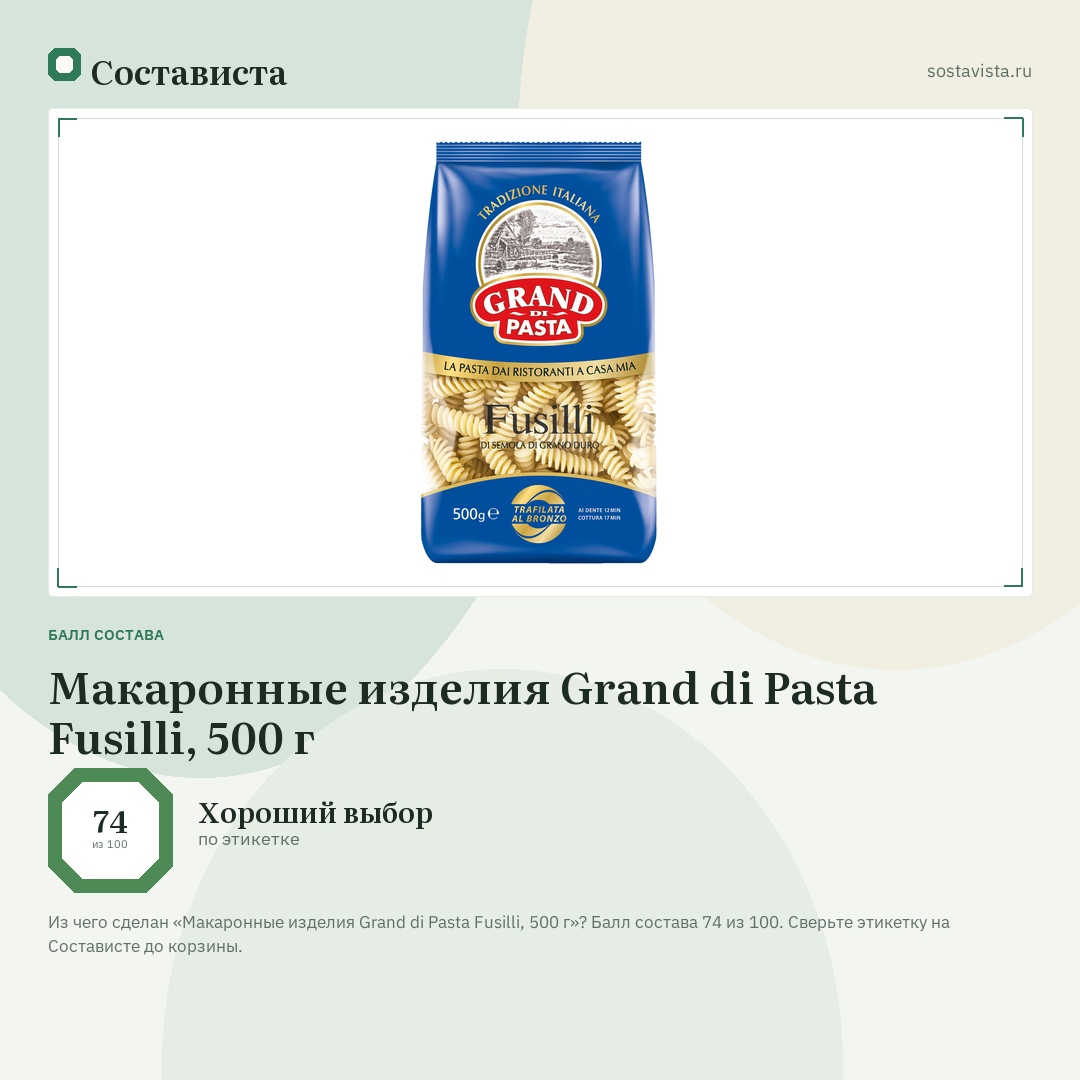 Макаронные изделия Grand di Pasta Fusilli, 500 г: балл состава 74 из 100 — Состависта