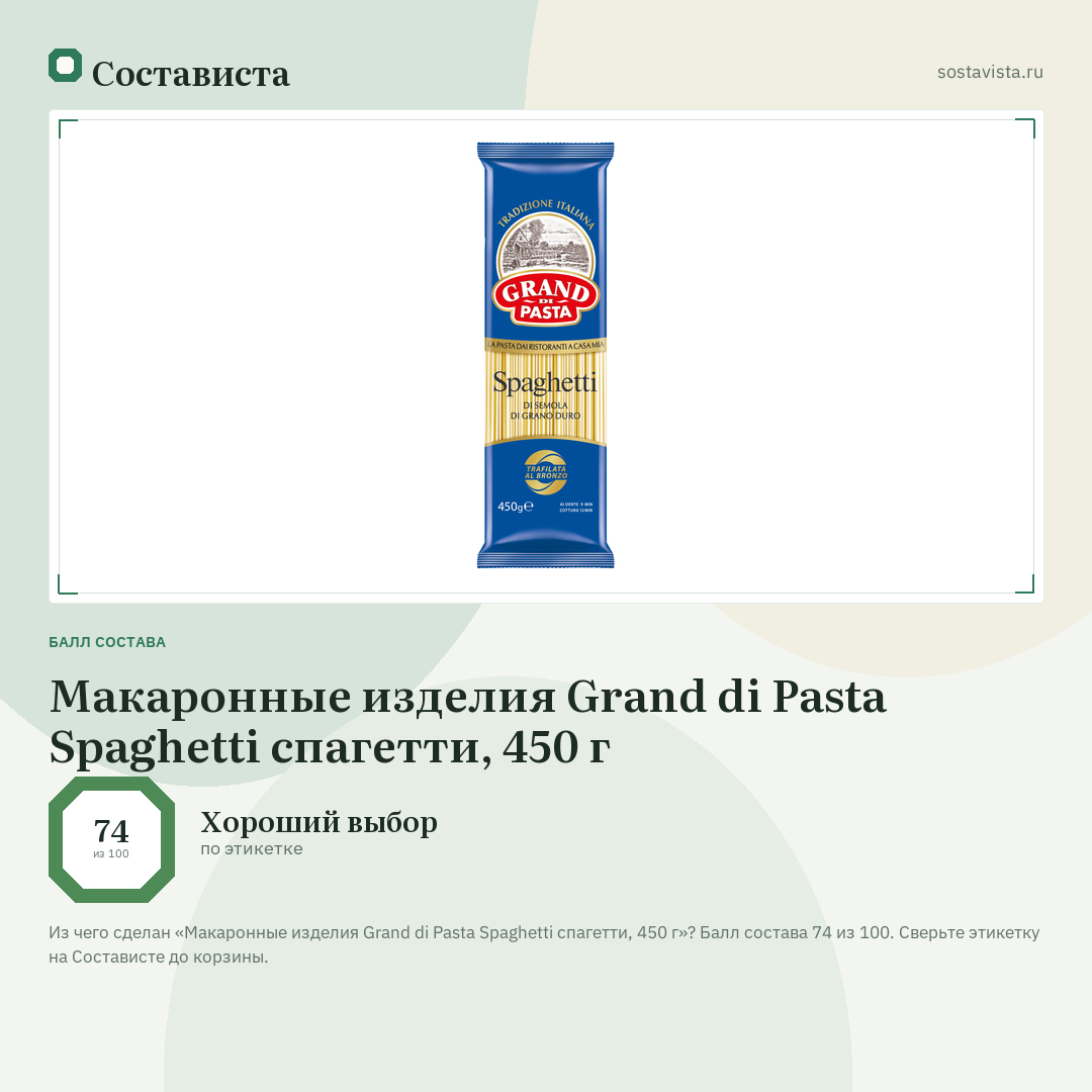 Макаронные изделия Grand di Pasta Spaghetti спагетти, 450 г: балл состава 74 из 100 — Состависта
