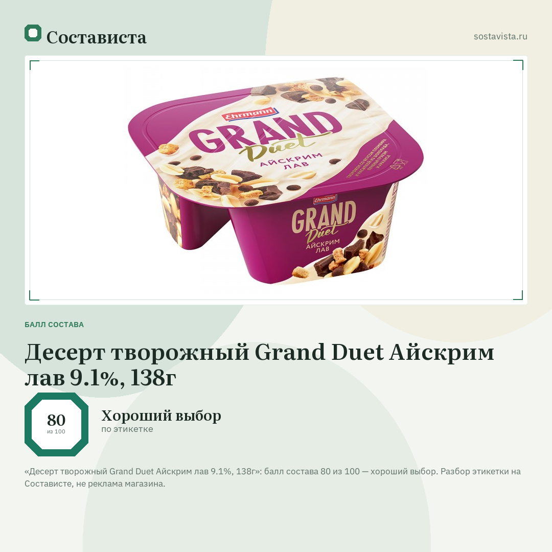 Десерт творожный Grand Duet Айскрим лав 9.1%, 138г: балл состава 80 из 100 — Состависта