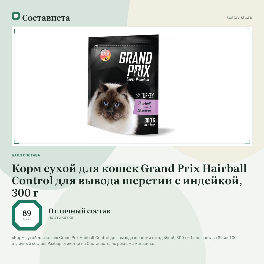 Корм сухой для кошек Grand Prix Hairball Control для вывода шерстии с индейкой, 300 г: балл состава 89 из 100 — Состависта