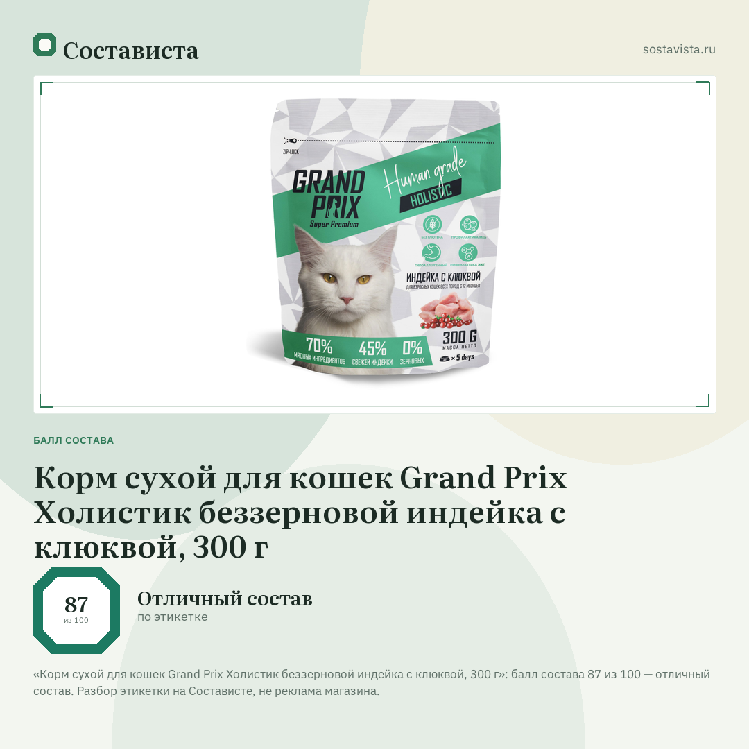 Корм сухой для кошек Grand Prix Холистик беззерновой индейка с клюквой, 300 г: балл состава 87 из 100 — Состависта