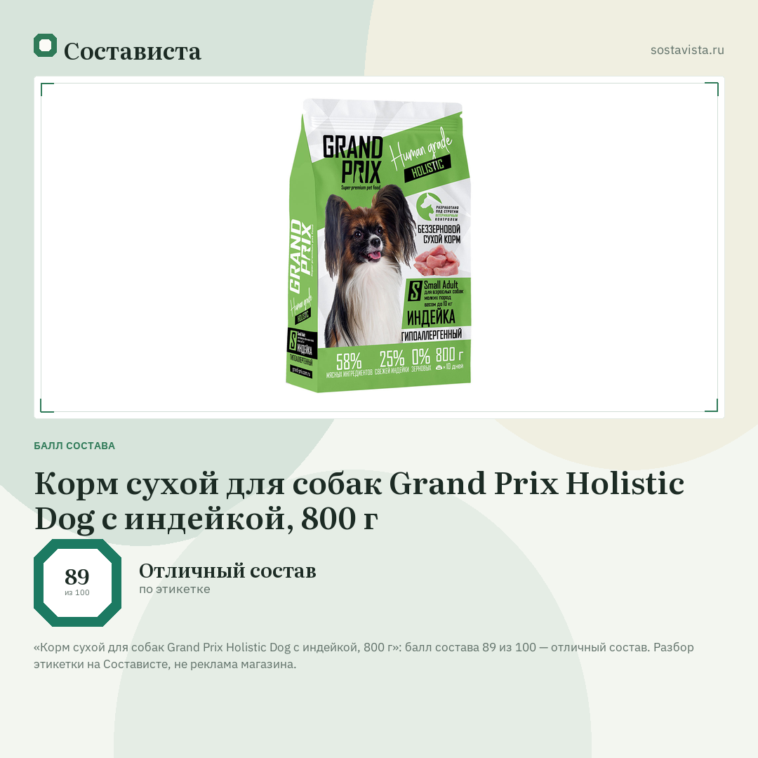 Корм сухой для собак Grand Prix Holistic Dog с индейкой, 800 г: балл состава 89 из 100 — Состависта