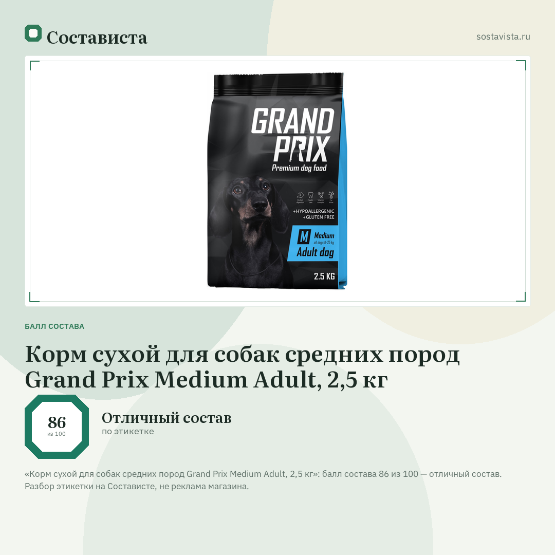 Корм сухой для собак средних пород Grand Prix Medium Adult, 2,5 кг: балл состава 86 из 100 — Состависта