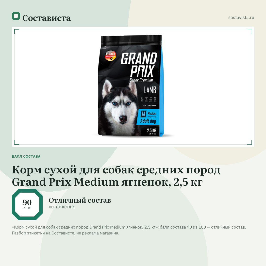 Корм сухой для собак средних пород Grand Prix Medium ягненок, 2,5 кг: балл состава 90 из 100 — Состависта