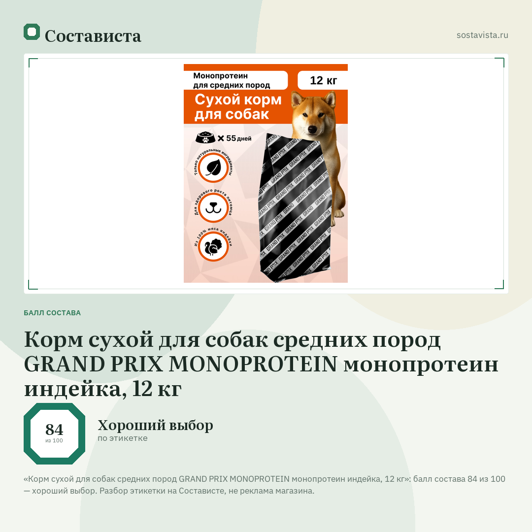 Корм сухой для собак средних пород GRAND PRIX MONOPROTEIN монопротеин индейка, 12 кг: балл состава 84 из 100 — Состависта