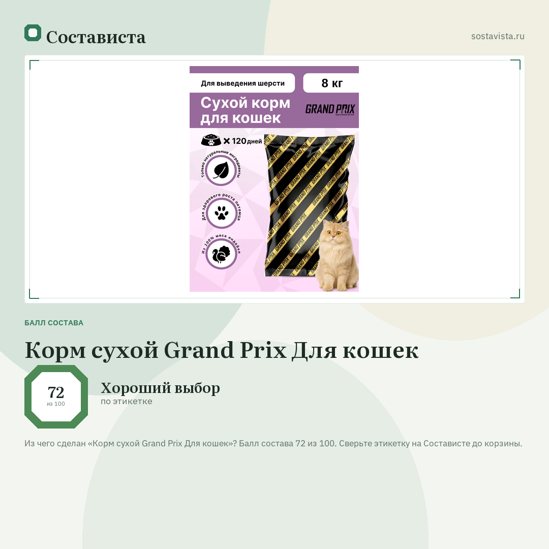 Корм сухой Grand Prix Для кошек: балл состава 72 из 100 — Состависта