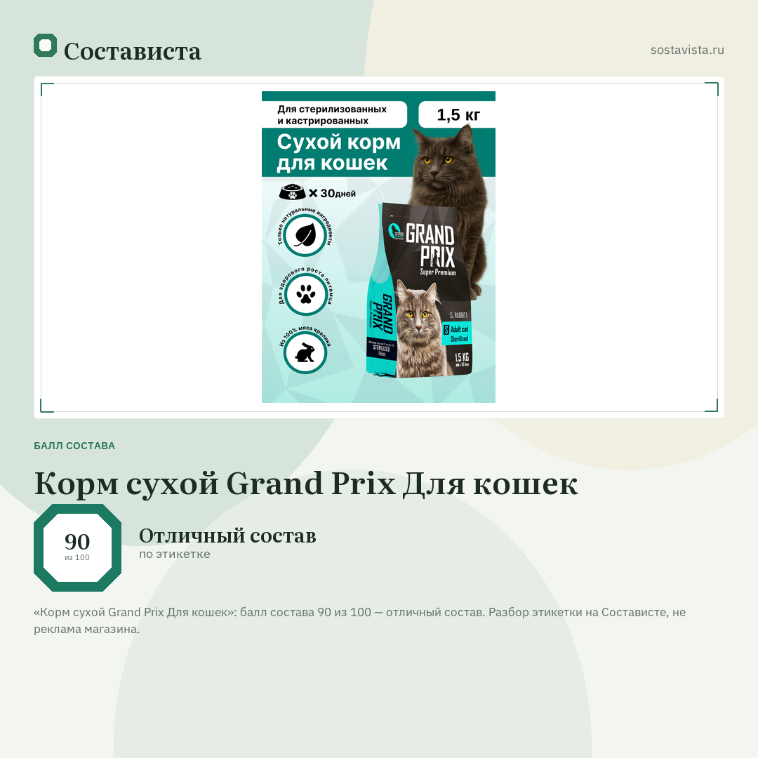 Корм сухой Grand Prix Для кошек: балл состава 90 из 100 — Состависта