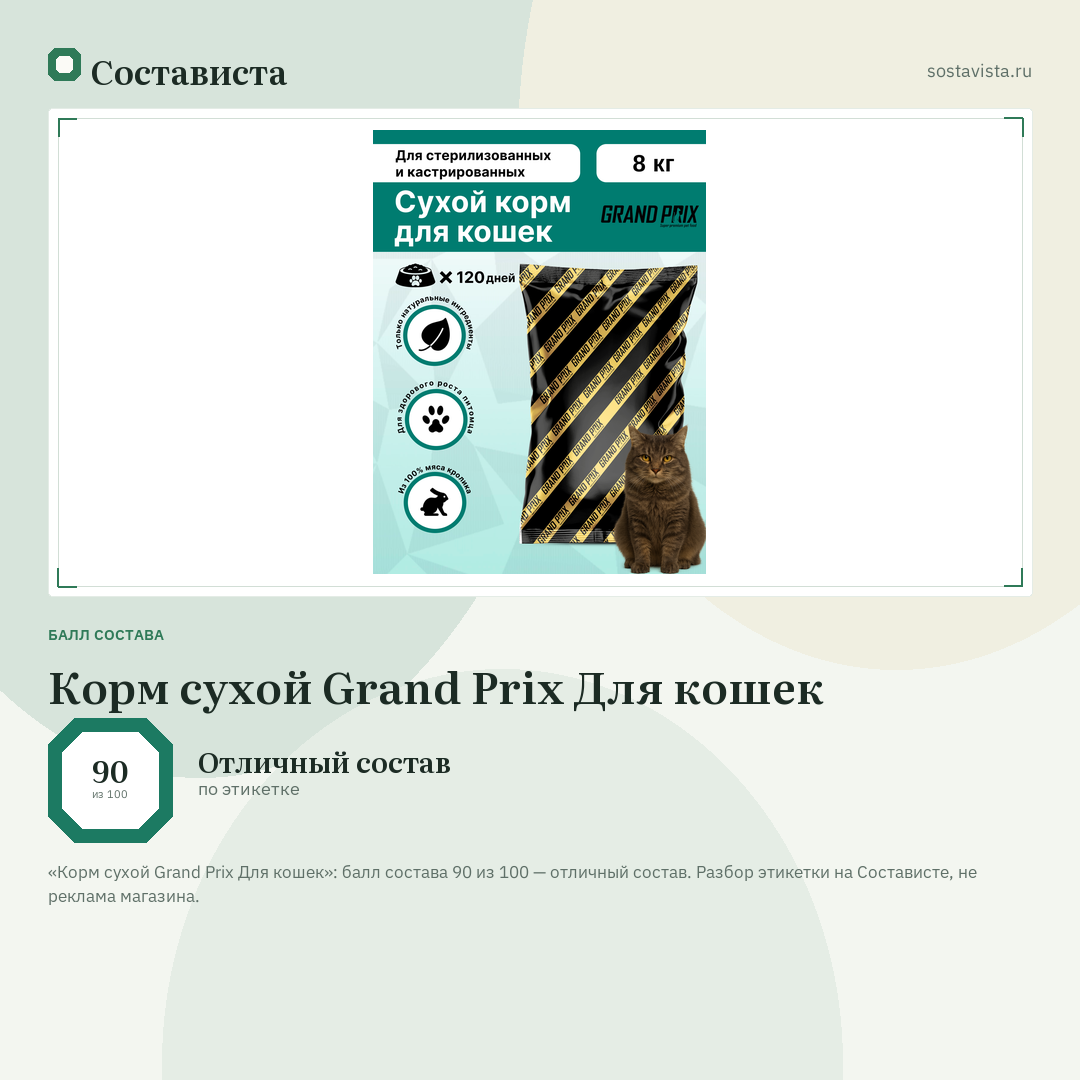 Корм сухой Grand Prix Для кошек: балл состава 90 из 100 — Состависта