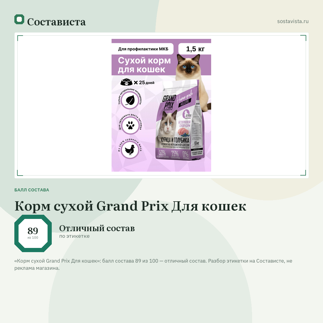 Корм сухой Grand Prix Для кошек: балл состава 89 из 100 — Состависта