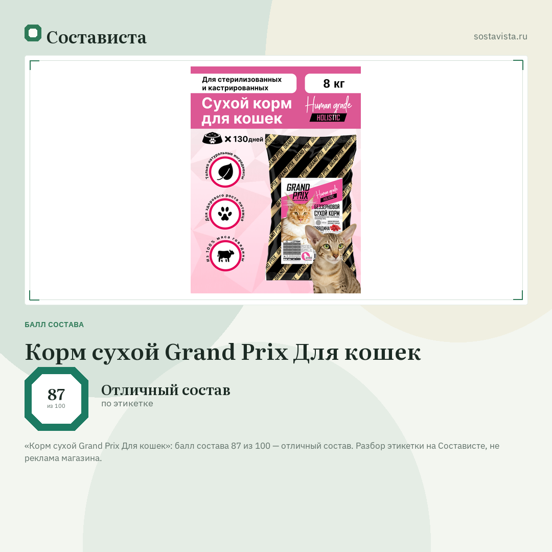 Корм сухой Grand Prix Для кошек: балл состава 87 из 100 — Состависта