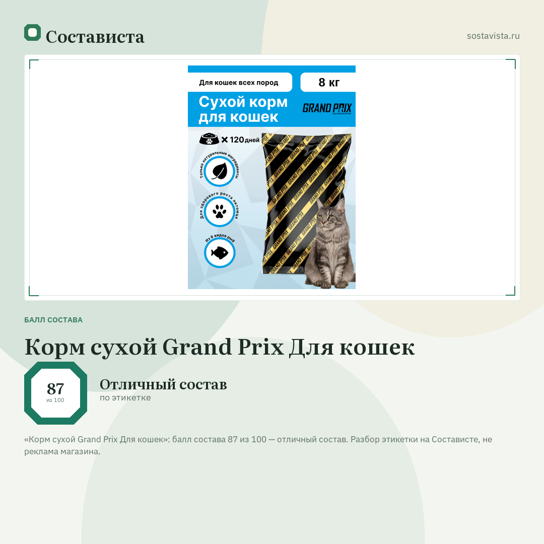 Корм сухой Grand Prix Для кошек: балл состава 87 из 100 — Состависта