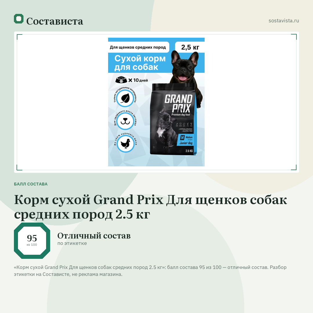 Корм сухой Grand Prix Для щенков собак средних пород 2.5 кг: балл состава 95 из 100 — Состависта