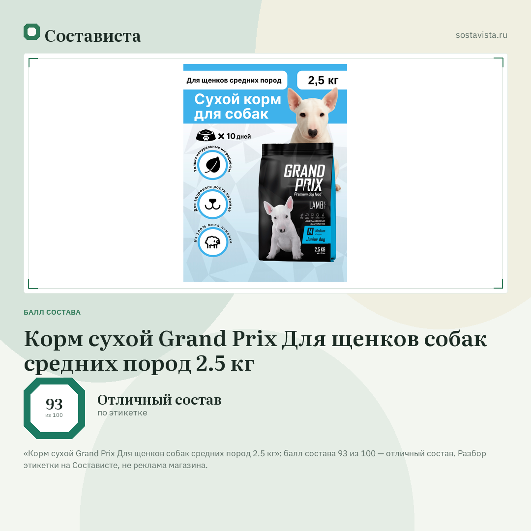 Корм сухой Grand Prix Для щенков собак средних пород 2.5 кг: балл состава 93 из 100 — Состависта