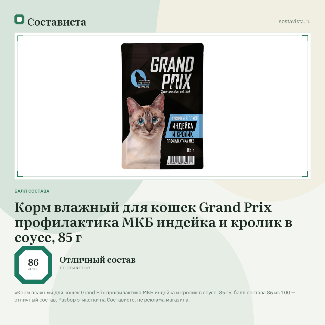 Корм влажный для кошек Grand Prix профилактика МКБ индейка и кролик в соусе, 85 г: балл состава 86 из 100 — Состависта