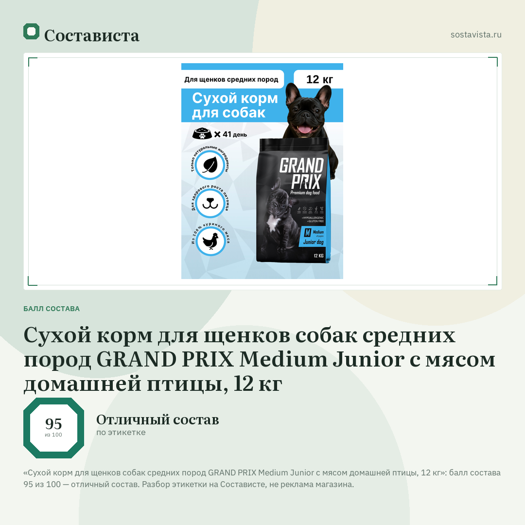 Сухой корм для щенков собак средних пород GRAND PRIX Medium Junior с мясом домашней птицы, 12 кг: балл состава 95 из 100 — Состависта