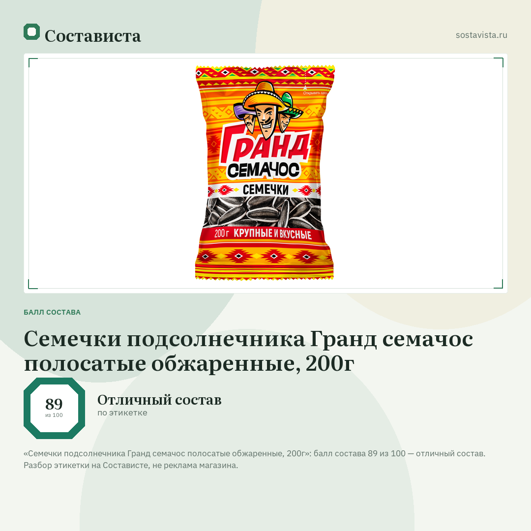 Семечки подсолнечника Гранд семачос полосатые обжаренные, 200г: балл состава 89 из 100 — Состависта