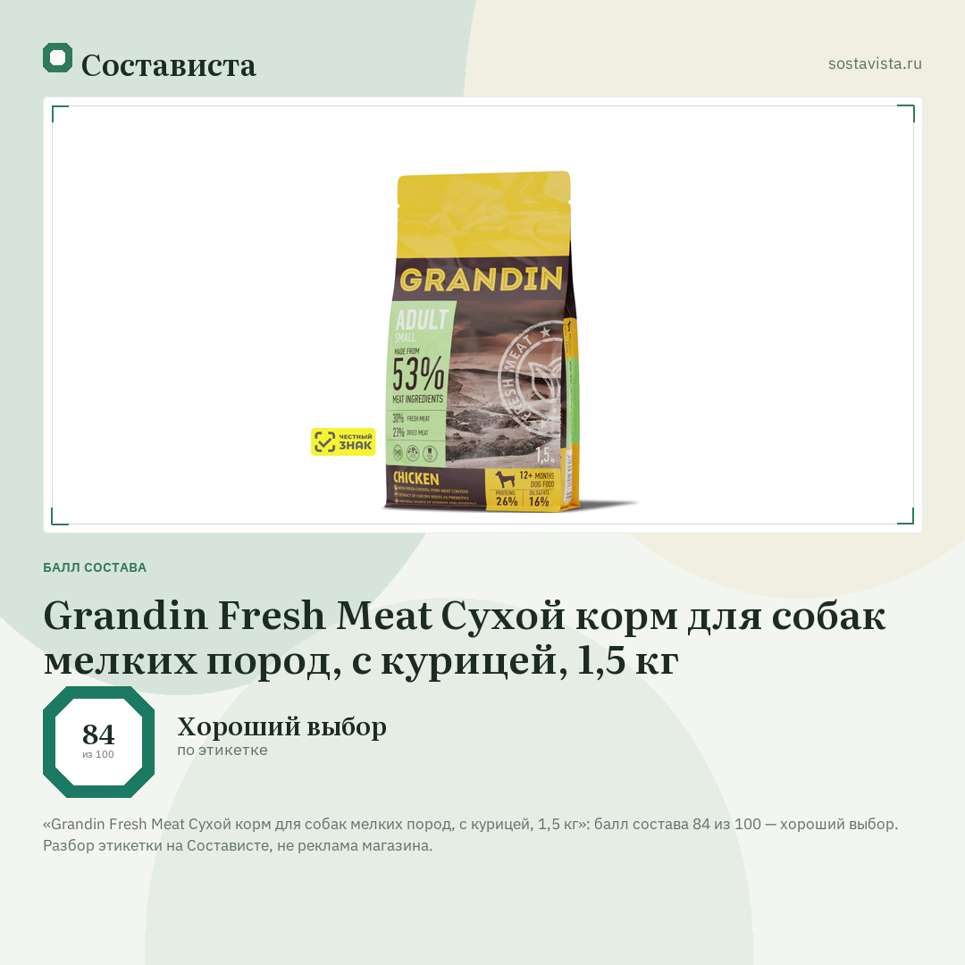 Grandin Fresh Meat Сухой корм для собак мелких пород, с курицей, 1,5 кг: балл состава 84 из 100 — Состависта