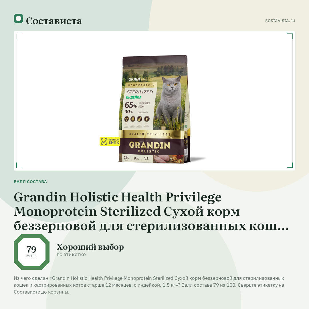 Grandin Holistic Health Privilege Monoprotein Sterilized Сухой корм беззерновой для стерилизованных кошек и кастрированных котов старше 12 месяцев, с индейкой, 1,5 кг: балл состава 79 из 100 — Состависта
