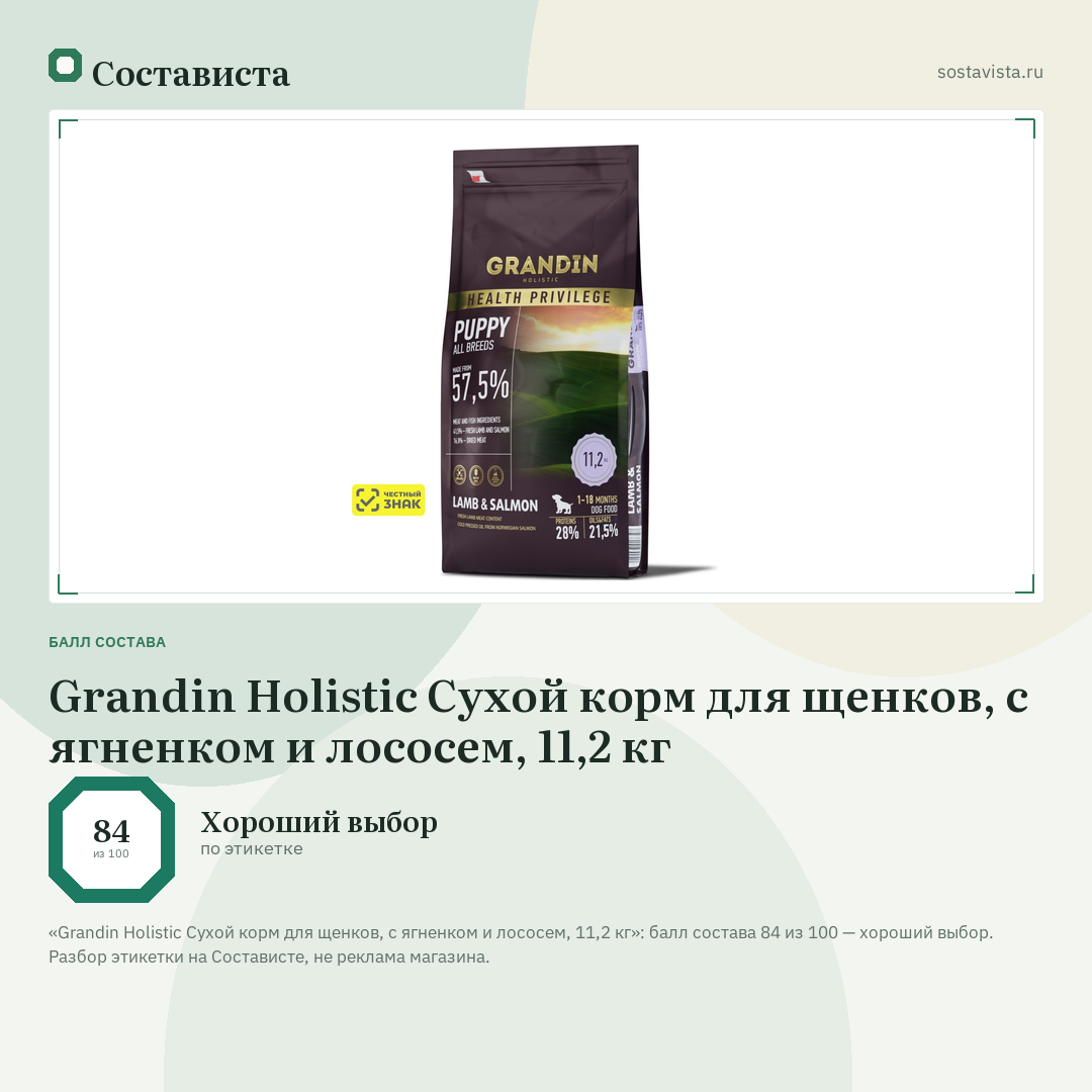 Grandin Holistic Сухой корм для щенков, с ягненком и лососем, 11,2 кг: балл состава 84 из 100 — Состависта