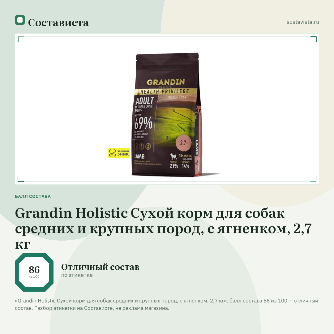 Grandin Holistic Сухой корм для собак средних и крупных пород, с ягненком, 2,7 кг: балл состава 86 из 100 — Состависта