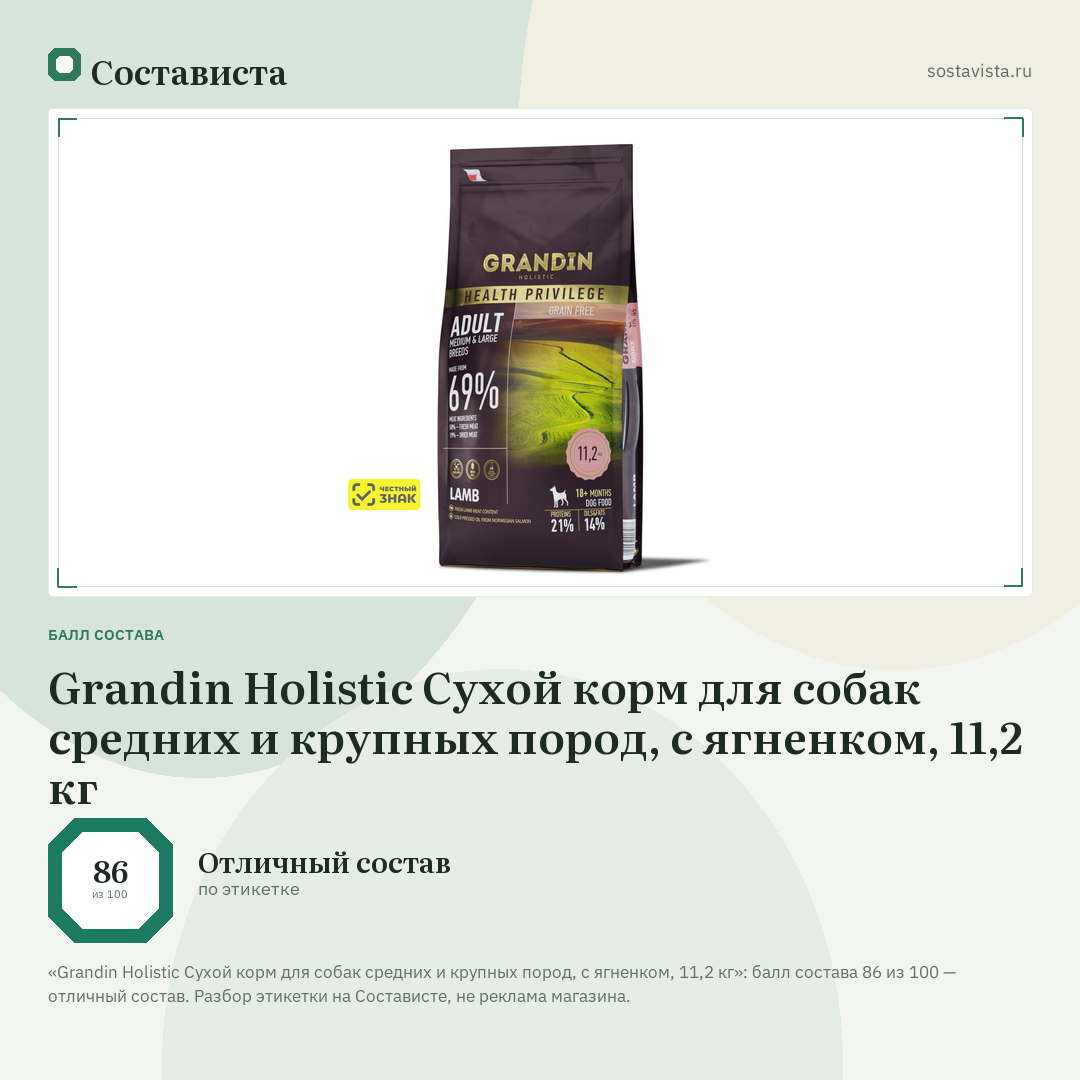 Grandin Holistic Сухой корм для собак средних и крупных пород, с ягненком, 11,2 кг: балл состава 86 из 100 — Состависта