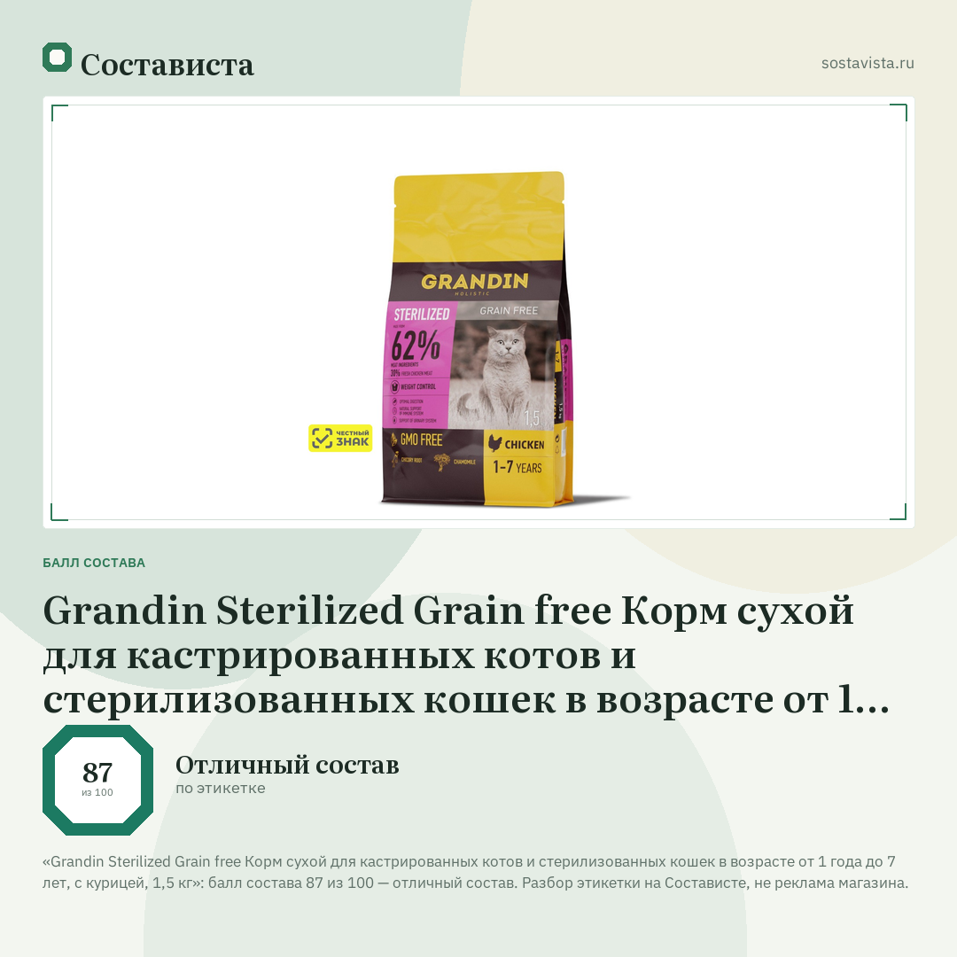 Grandin Sterilized Grain free Корм сухой для кастрированных котов и стерилизованных кошек в возрасте от 1 года до 7 лет, с курицей, 1,5 кг: балл состава 87 из 100 — Состависта