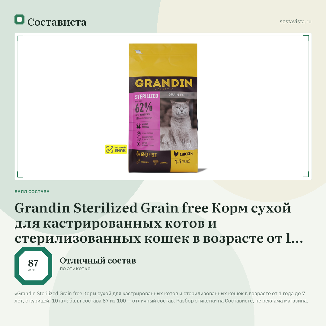 Grandin Sterilized Grain free Корм сухой для кастрированных котов и стерилизованных кошек в возрасте от 1 года до 7 лет, с курицей, 10 кг: балл состава 87 из 100 — Состависта