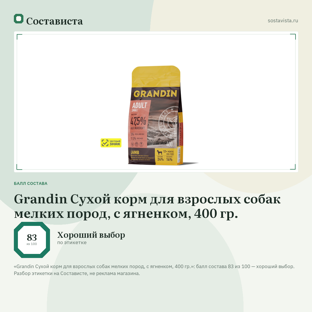 Grandin Сухой корм для взрослых собак мелких пород, с ягненком, 400 гр.: балл состава 83 из 100 — Состависта