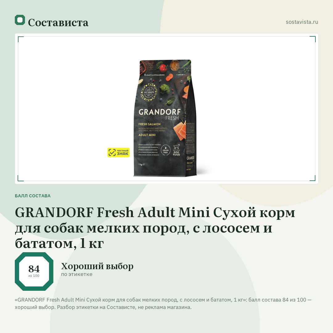 GRANDORF Fresh Adult Mini Сухой корм для собак мелких пород, с лососем и бататом, 1 кг: балл состава 84 из 100 — Состависта