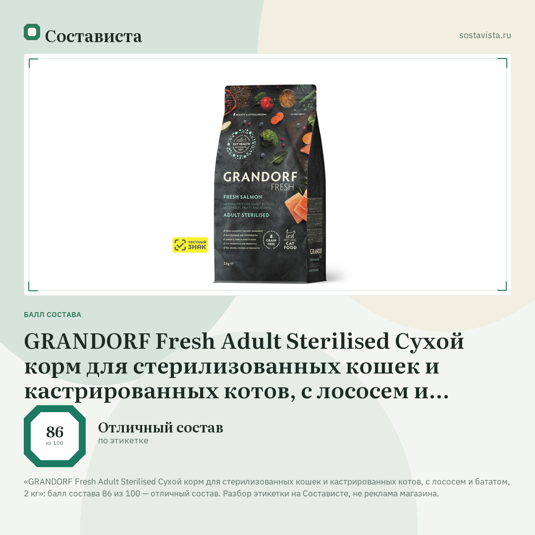 GRANDORF Fresh Adult Sterilised Сухой корм для стерилизованных кошек и кастрированных котов, с лососем и бататом, 2 кг: балл состава 86 из 100 — Состависта