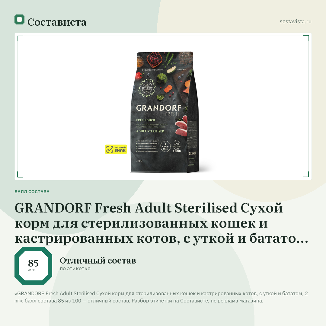 GRANDORF Fresh Adult Sterilised Сухой корм для стерилизованных кошек и кастрированных котов, с уткой и бататом, 2 кг: балл состава 85 из 100 — Состависта