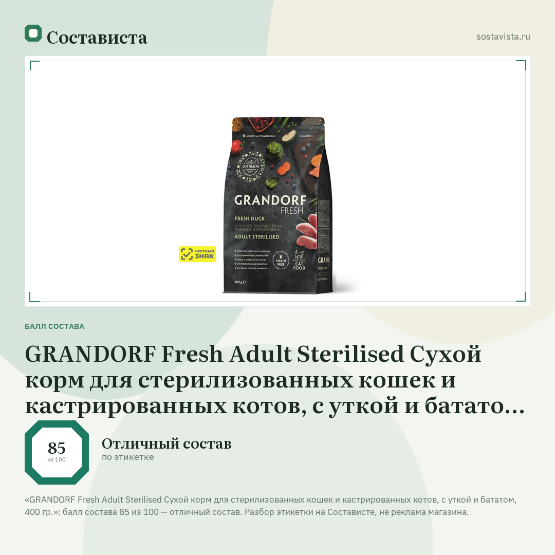 GRANDORF Fresh Adult Sterilised Сухой корм для стерилизованных кошек и кастрированных котов, с уткой и бататом, 400 гр.: балл состава 85 из 100 — Состависта