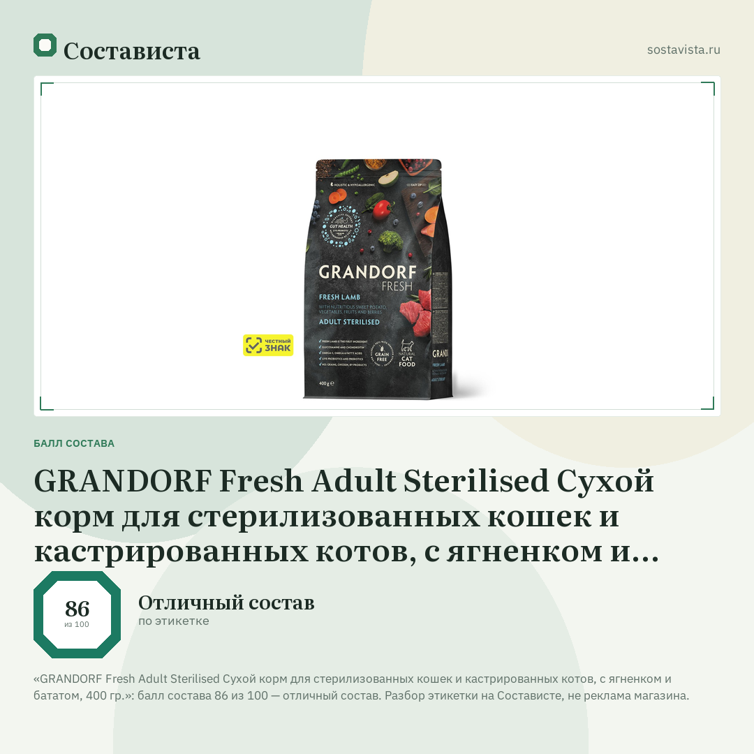 GRANDORF Fresh Adult Sterilised Сухой корм для стерилизованных кошек и кастрированных котов, с ягненком и бататом, 400 гр.: балл состава 86 из 100 — Состависта
