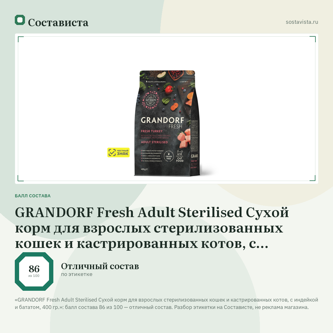 GRANDORF Fresh Adult Sterilised Сухой корм для взрослых стерилизованных кошек и кастрированных котов, с индейкой и бататом, 400 гр.: балл состава 86 из 100 — Состависта