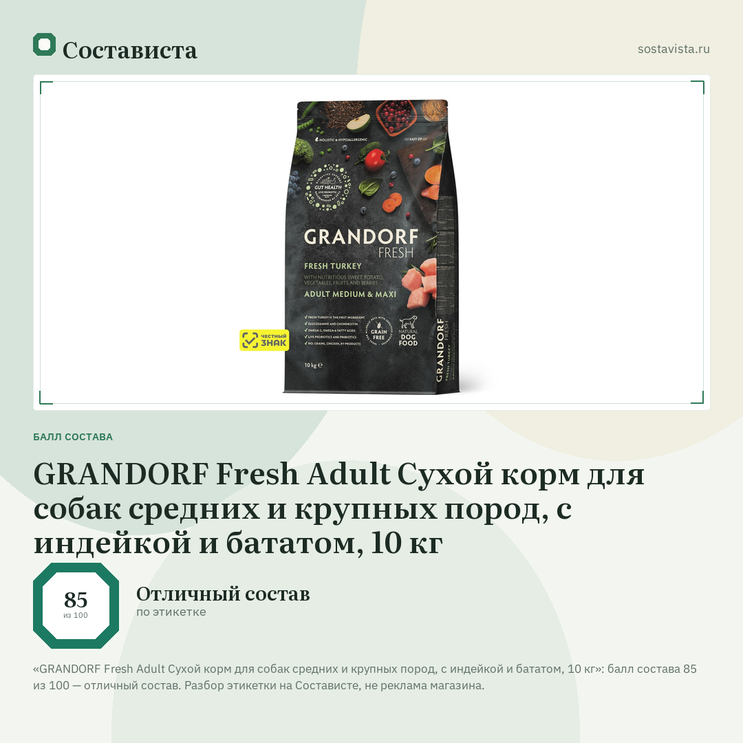 GRANDORF Fresh Adult Сухой корм для собак средних и крупных пород, с индейкой и бататом, 10 кг: балл состава 85 из 100 — Состависта