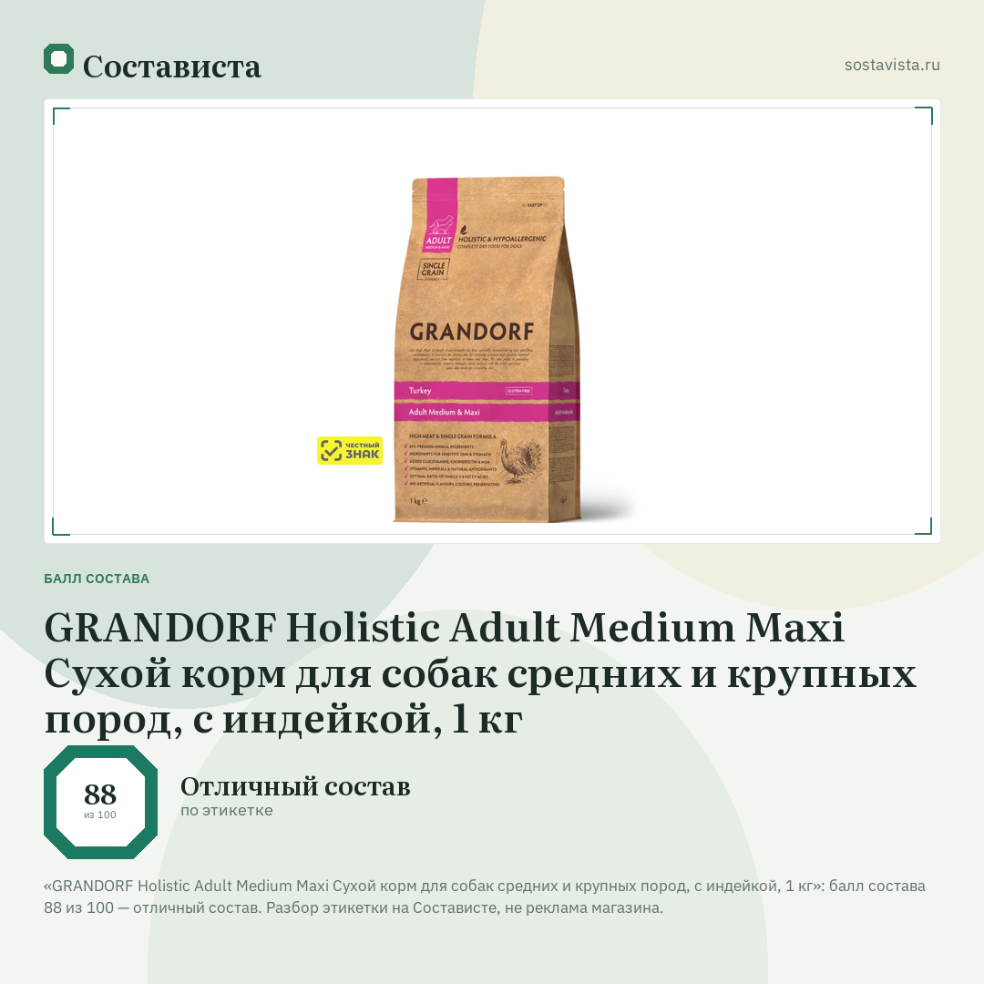 GRANDORF Holistic Adult Medium Maxi Сухой корм для собак средних и крупных пород, с индейкой, 1 кг: балл состава 88 из 100 — Состависта