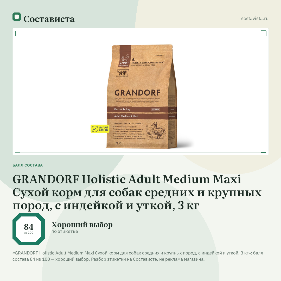 GRANDORF Holistic Adult Medium Maxi Сухой корм для собак средних и крупных пород, с индейкой и уткой, 3 кг: балл состава 84 из 100 — Состависта