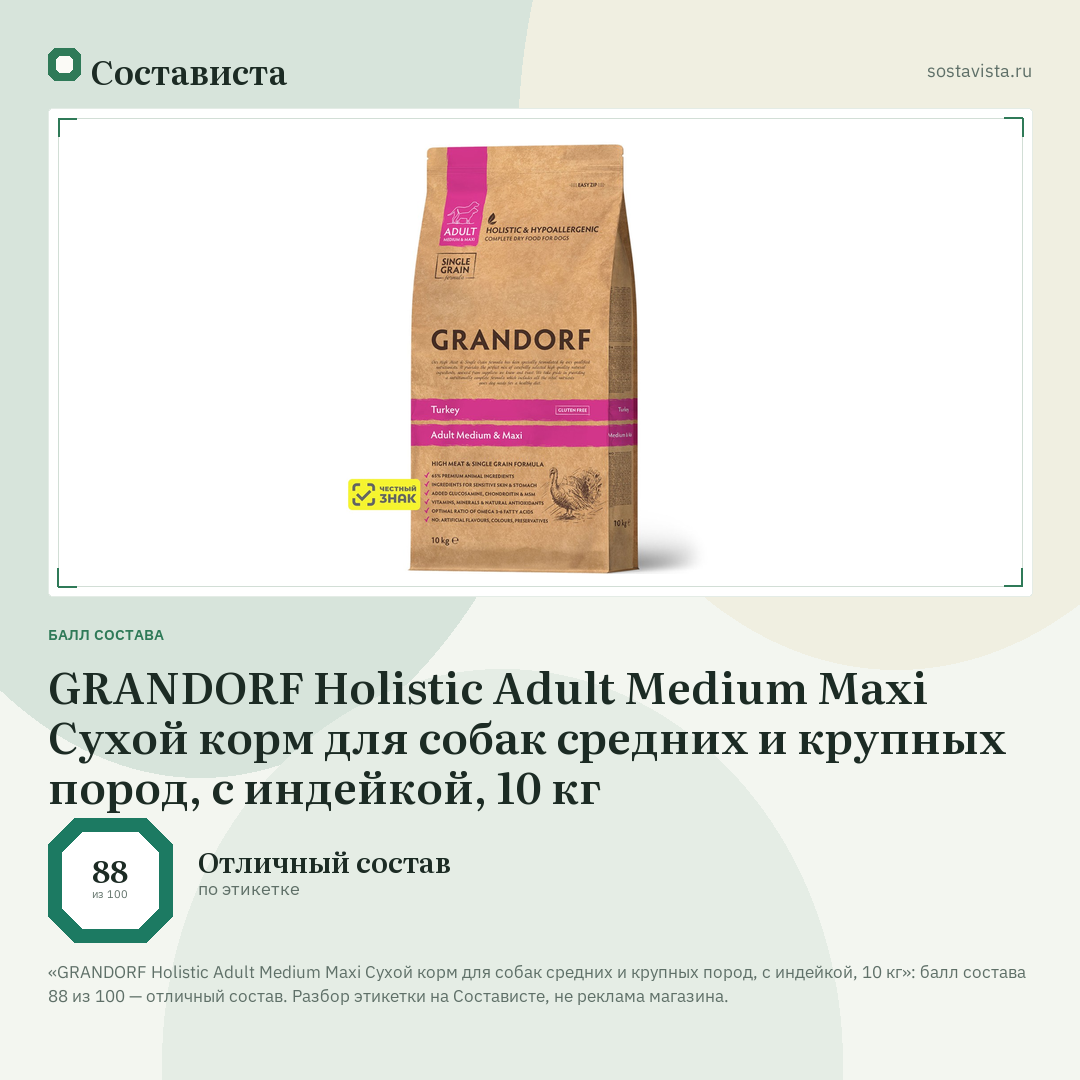 GRANDORF Holistic Adult Medium Maxi Сухой корм для собак средних и крупных пород, с индейкой, 10 кг: балл состава 88 из 100 — Состависта