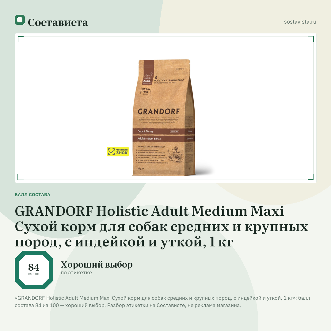 GRANDORF Holistic Adult Medium Maxi Сухой корм для собак средних и крупных пород, с индейкой и уткой, 1 кг: балл состава 84 из 100 — Состависта