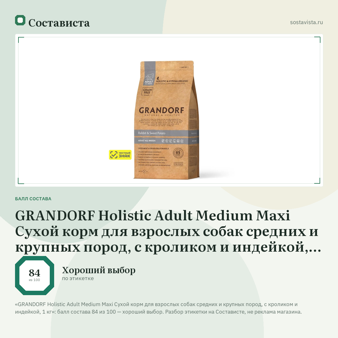 GRANDORF Holistic Adult Medium Maxi Сухой корм для взрослых собак средних и крупных пород, с кроликом и индейкой, 1 кг: балл состава 84 из 100 — Состависта