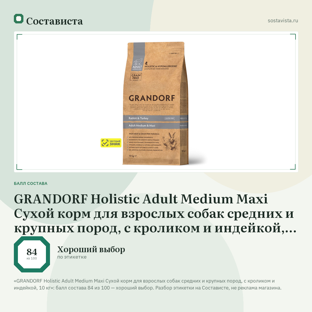 GRANDORF Holistic Adult Medium Maxi Сухой корм для взрослых собак средних и крупных пород, с кроликом и индейкой, 10 кг: балл состава 84 из 100 — Состависта