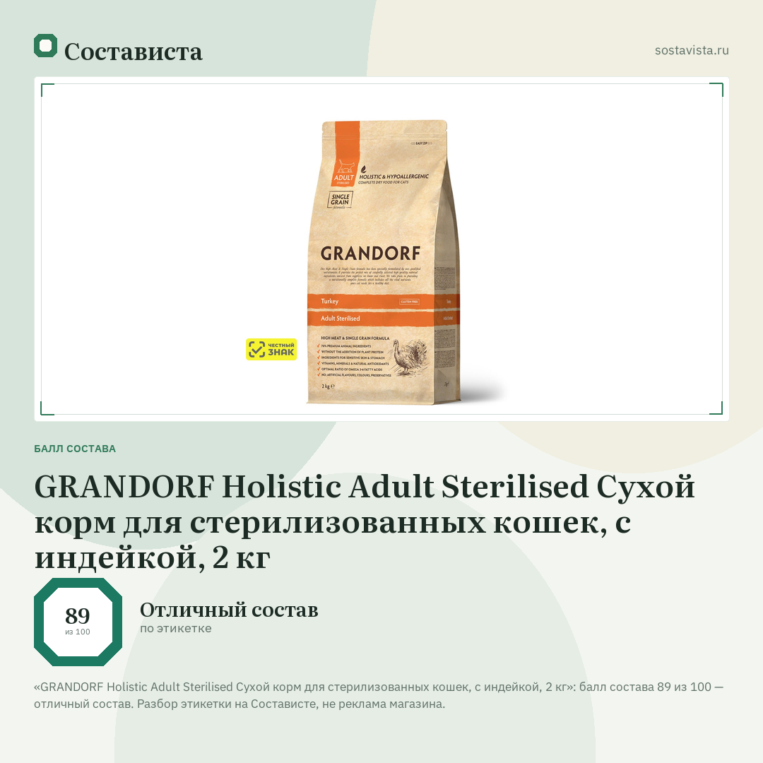 GRANDORF Holistic Adult Sterilised Сухой корм для стерилизованных кошек, с индейкой, 2 кг: балл состава 89 из 100 — Состависта