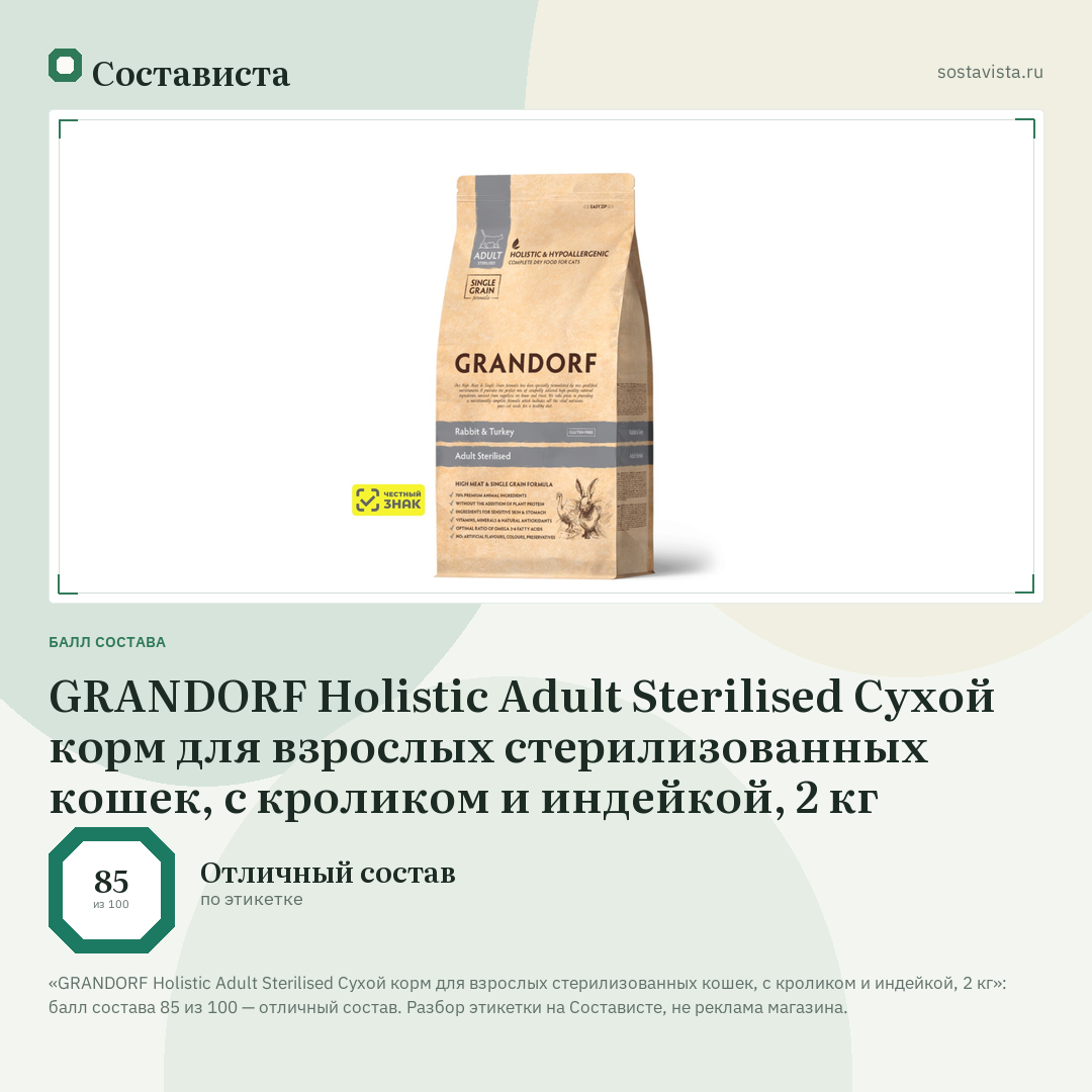 GRANDORF Holistic Adult Sterilised Сухой корм для взрослых стерилизованных кошек, с кроликом и индейкой, 2 кг: балл состава 85 из 100 — Состависта