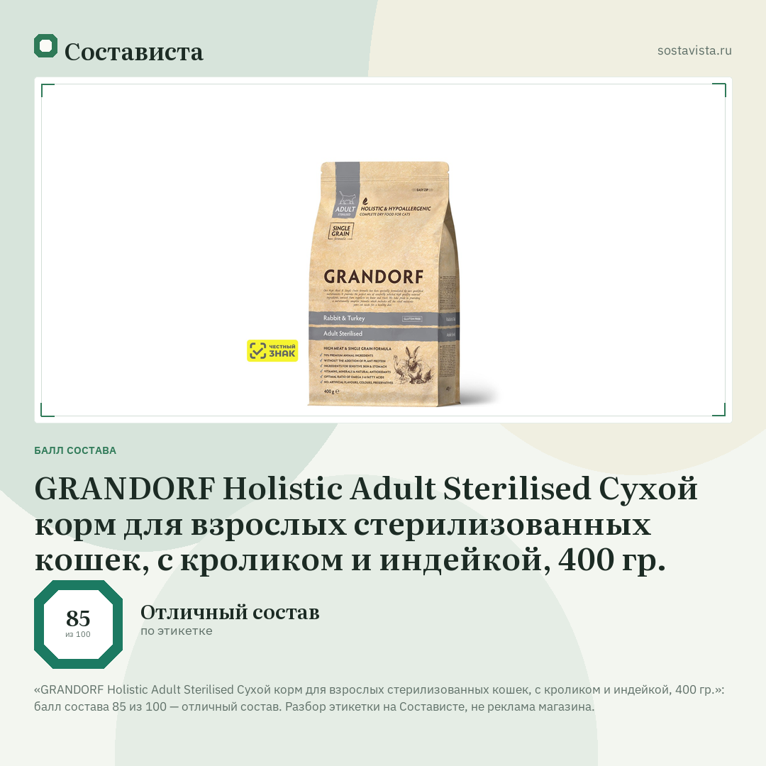 GRANDORF Holistic Adult Sterilised Сухой корм для взрослых стерилизованных кошек, с кроликом и индейкой, 400 гр.: балл состава 85 из 100 — Состависта
