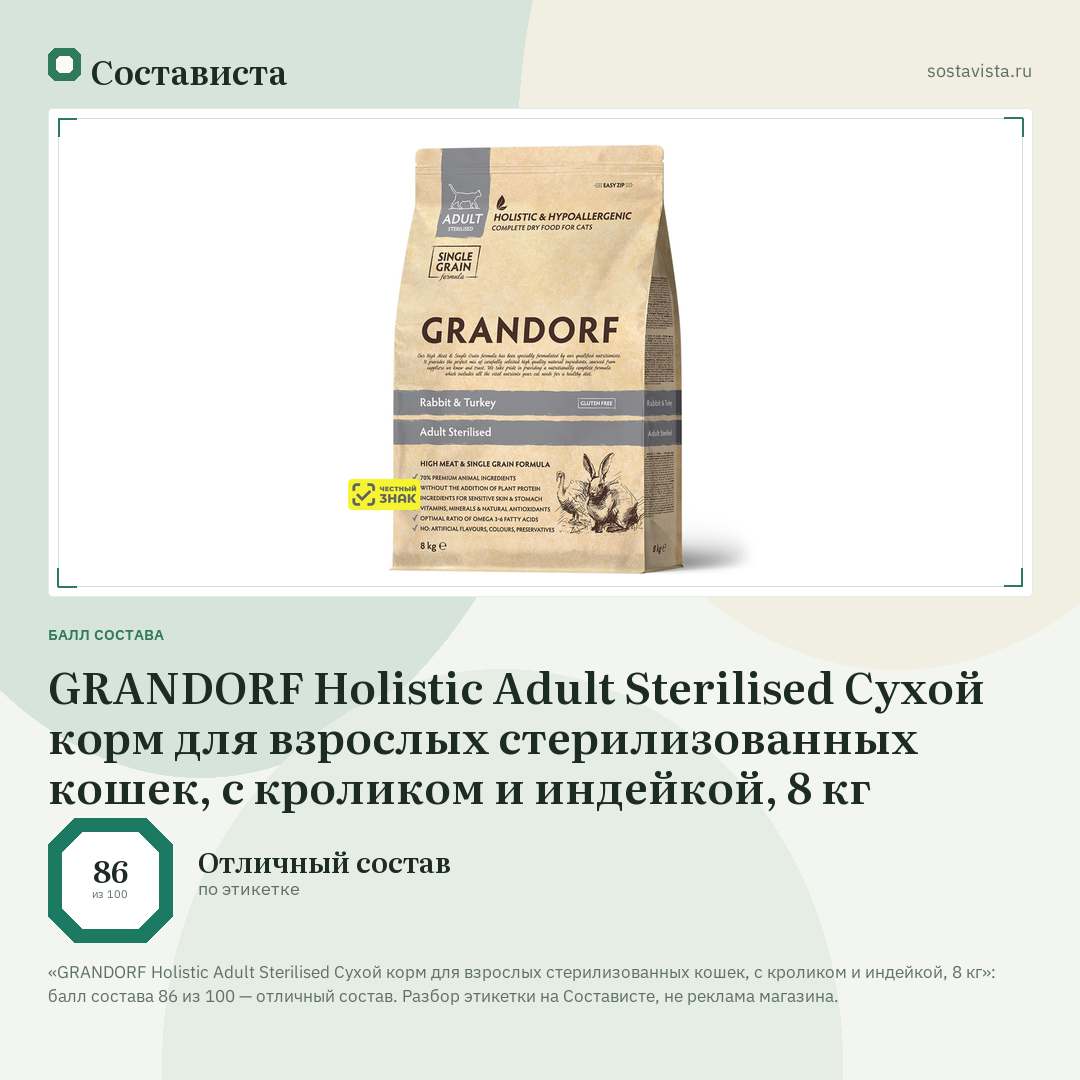 GRANDORF Holistic Adult Sterilised Сухой корм для взрослых стерилизованных кошек, с кроликом и индейкой, 8 кг: балл состава 86 из 100 — Состависта