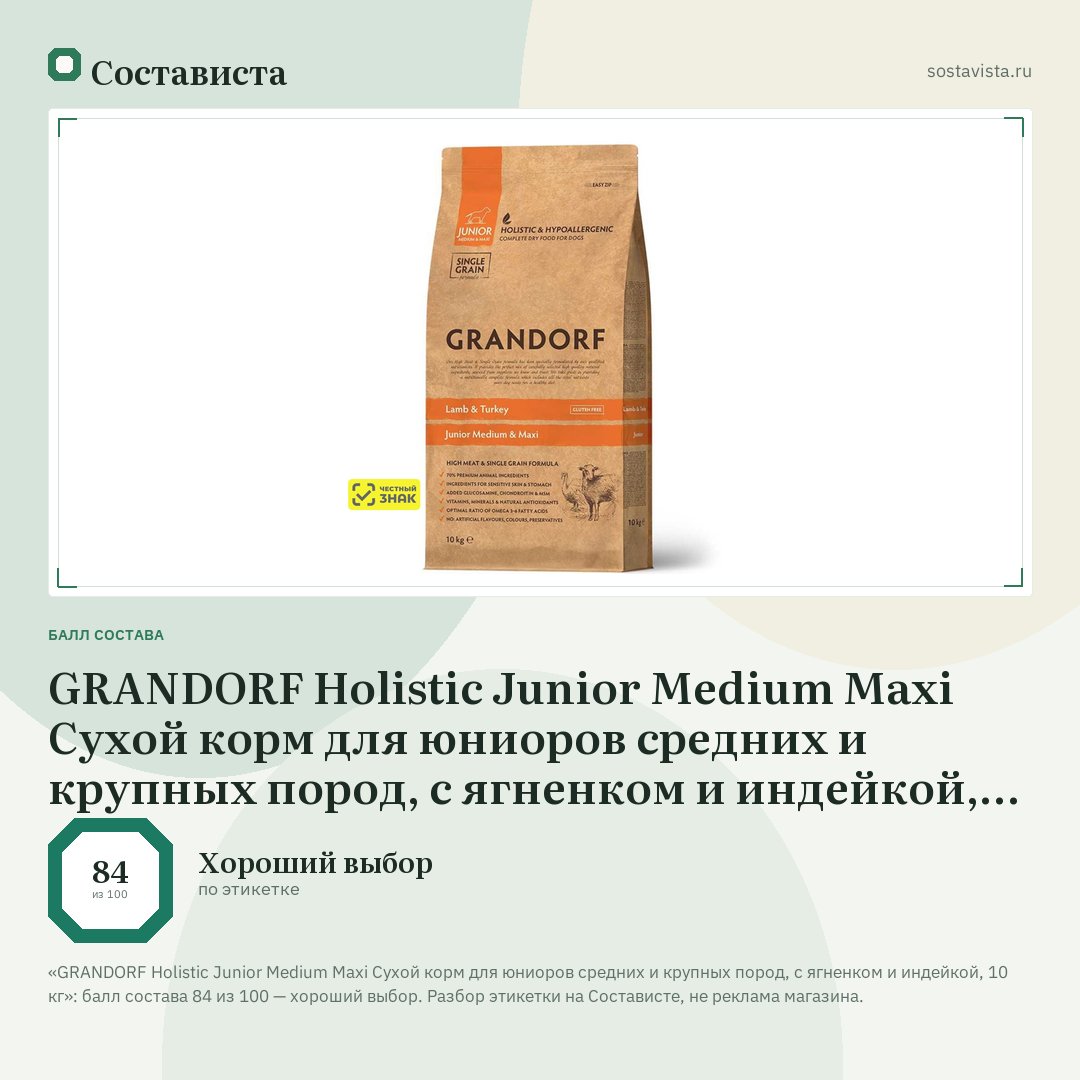 GRANDORF Holistic Junior Medium Maxi Сухой корм для юниоров средних и крупных пород, с ягненком и индейкой, 10 кг: балл состава 84 из 100 — Состависта