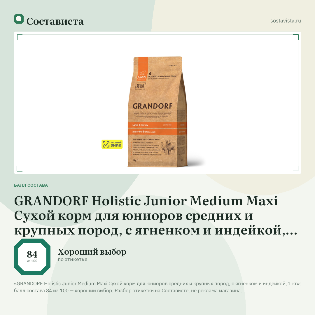 GRANDORF Holistic Junior Medium Maxi Сухой корм для юниоров средних и крупных пород, с ягненком и индейкой, 1 кг: балл состава 84 из 100 — Состависта
