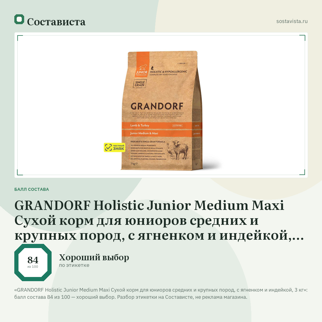GRANDORF Holistic Junior Medium Maxi Сухой корм для юниоров средних и крупных пород, с ягненком и индейкой, 3 кг: балл состава 84 из 100 — Состависта