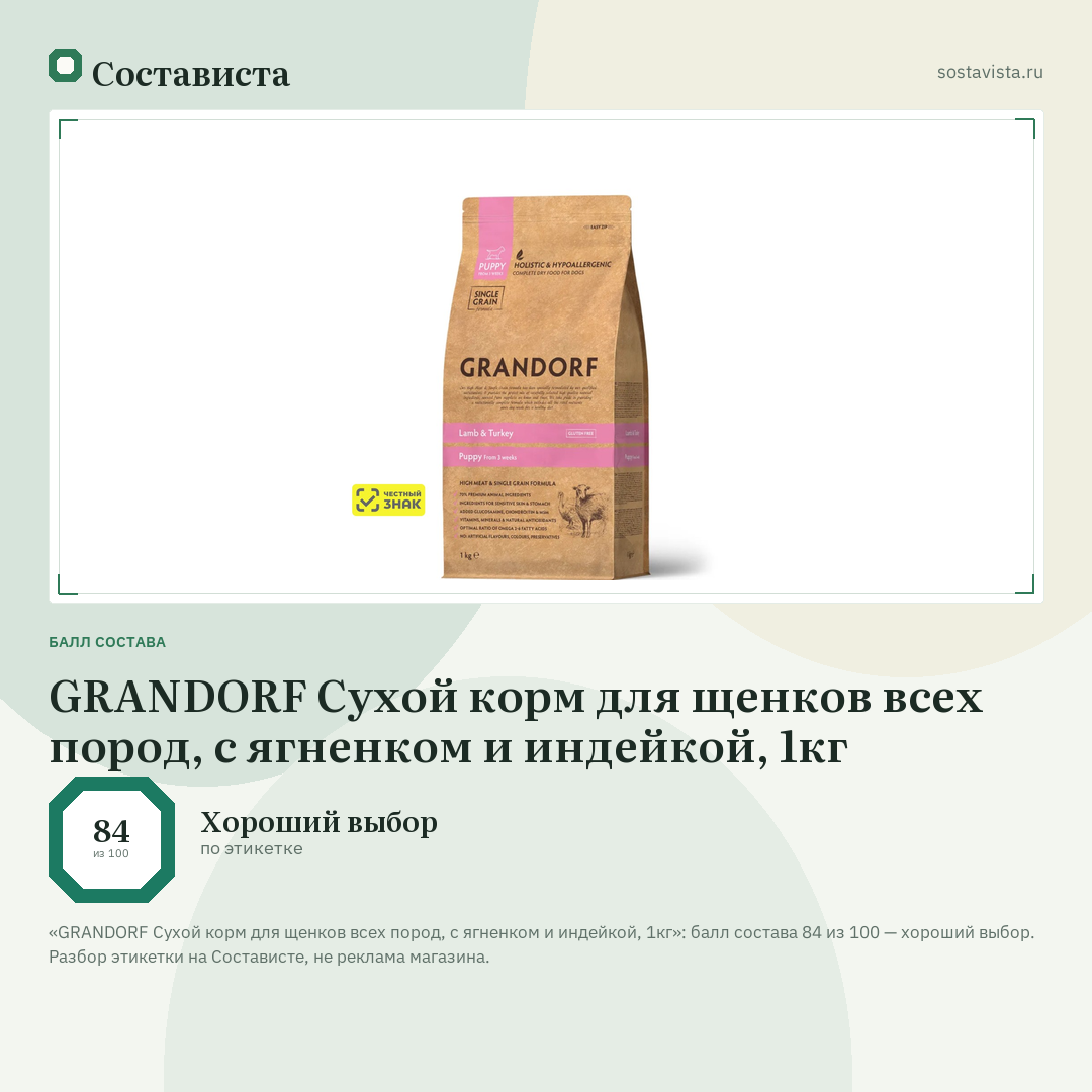 GRANDORF Сухой корм для щенков всех пород, с ягненком и индейкой, 1кг: балл состава 84 из 100 — Состависта